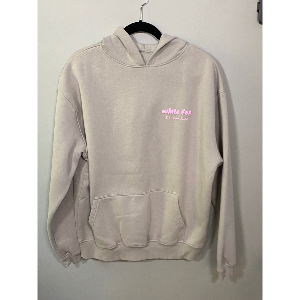 White Fox Hoodie Women M/L Beige Excellent Era 8 Lounge Essentials Puff Print